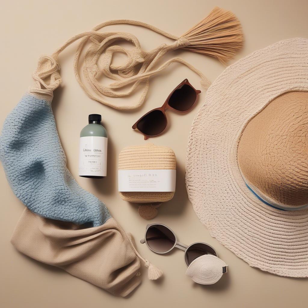 Flat lay of summer essentials including a bondi beach bag, crochet weave floppy hat, sunglasses, and sunscreen