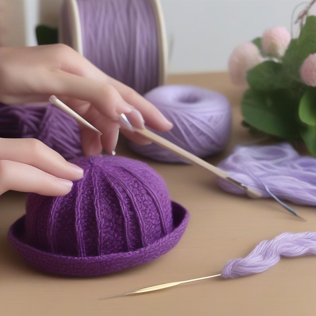 Crafting an Open Weave Hat with Purple Flowers