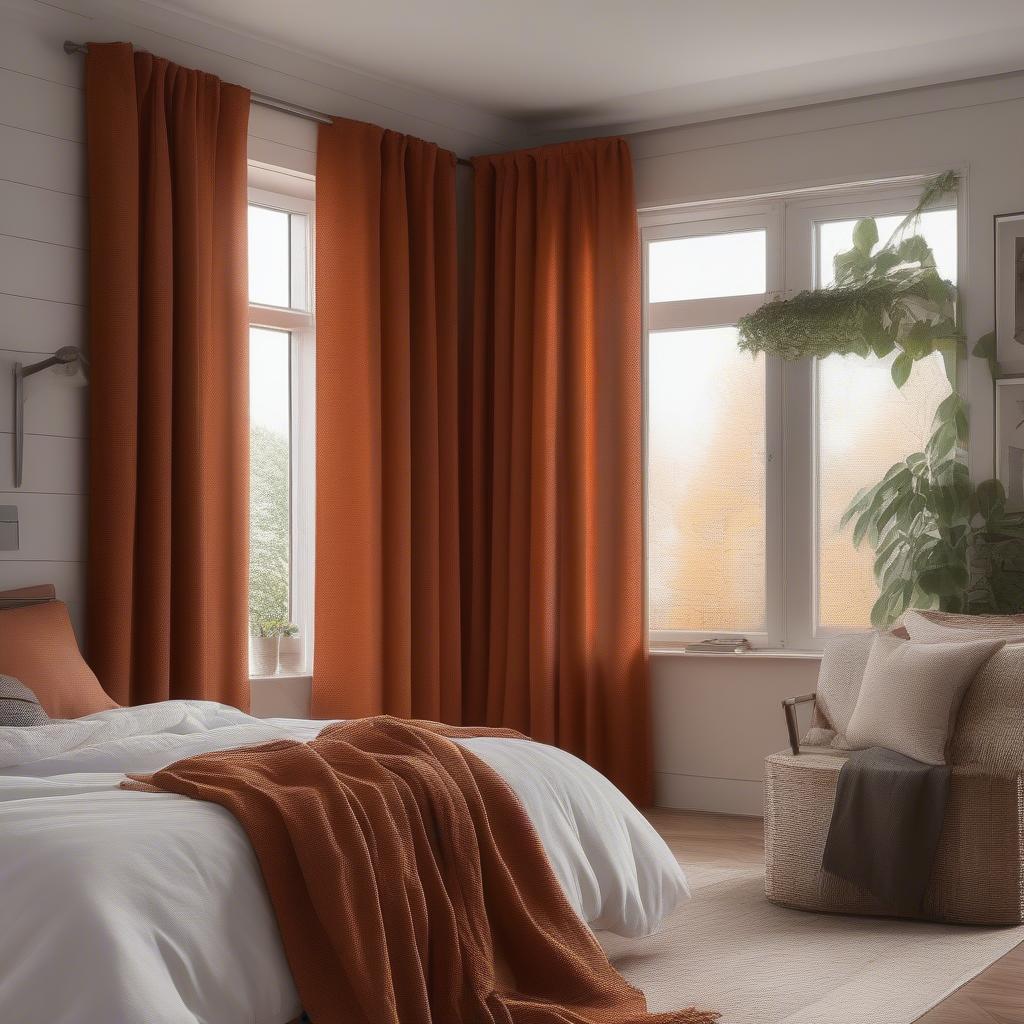 Burnt Orange Basket Weave Curtains in a Bedroom