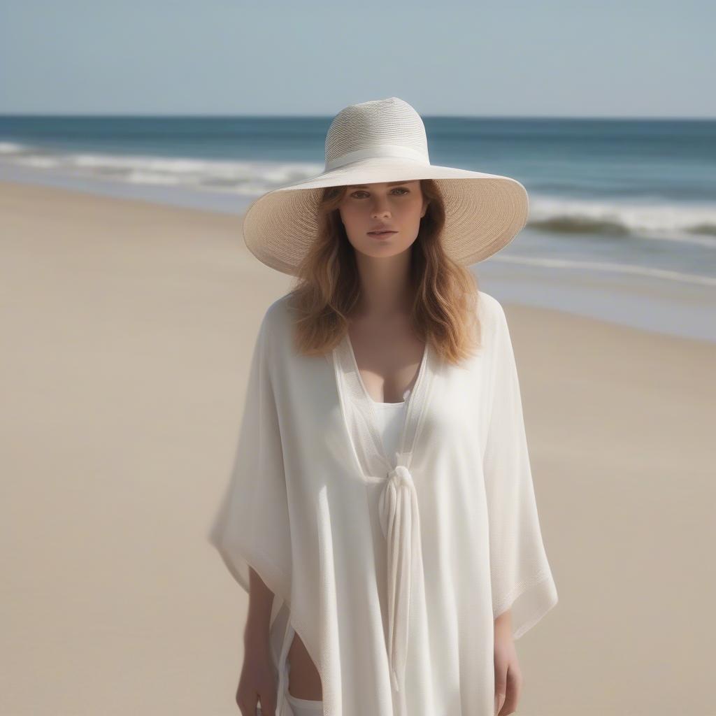 A woman wearing a Calvin Klein Ombré Weave Sun Hat with a beach outfit