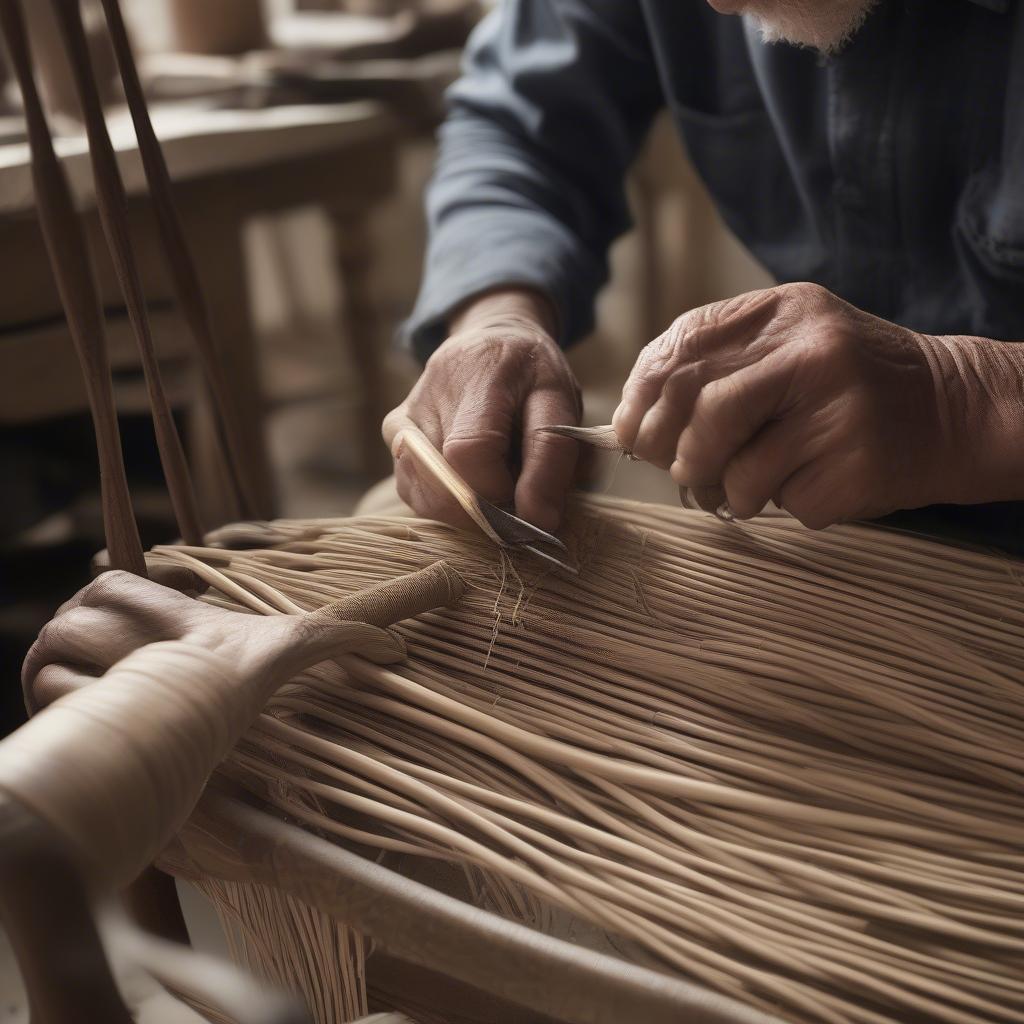 Close-up of a skilled artisan repairing a cane chair in Mumbai