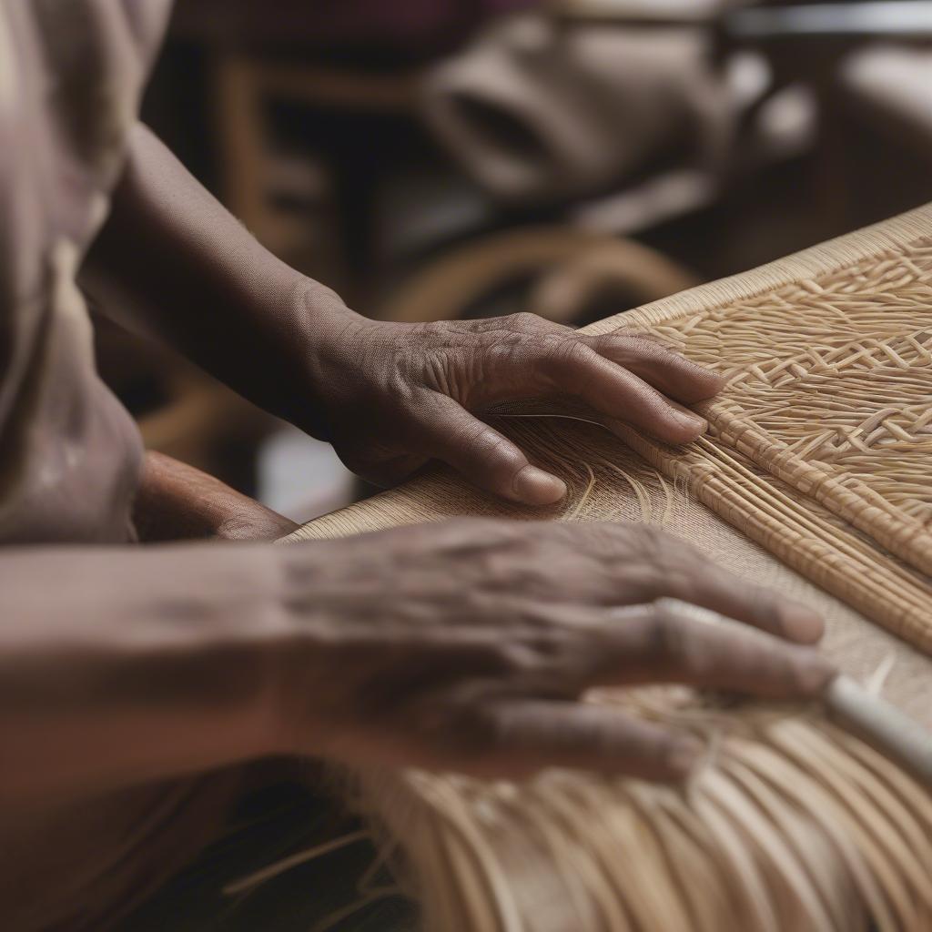 Close-up of hands expertly weaving cane into a chair seat