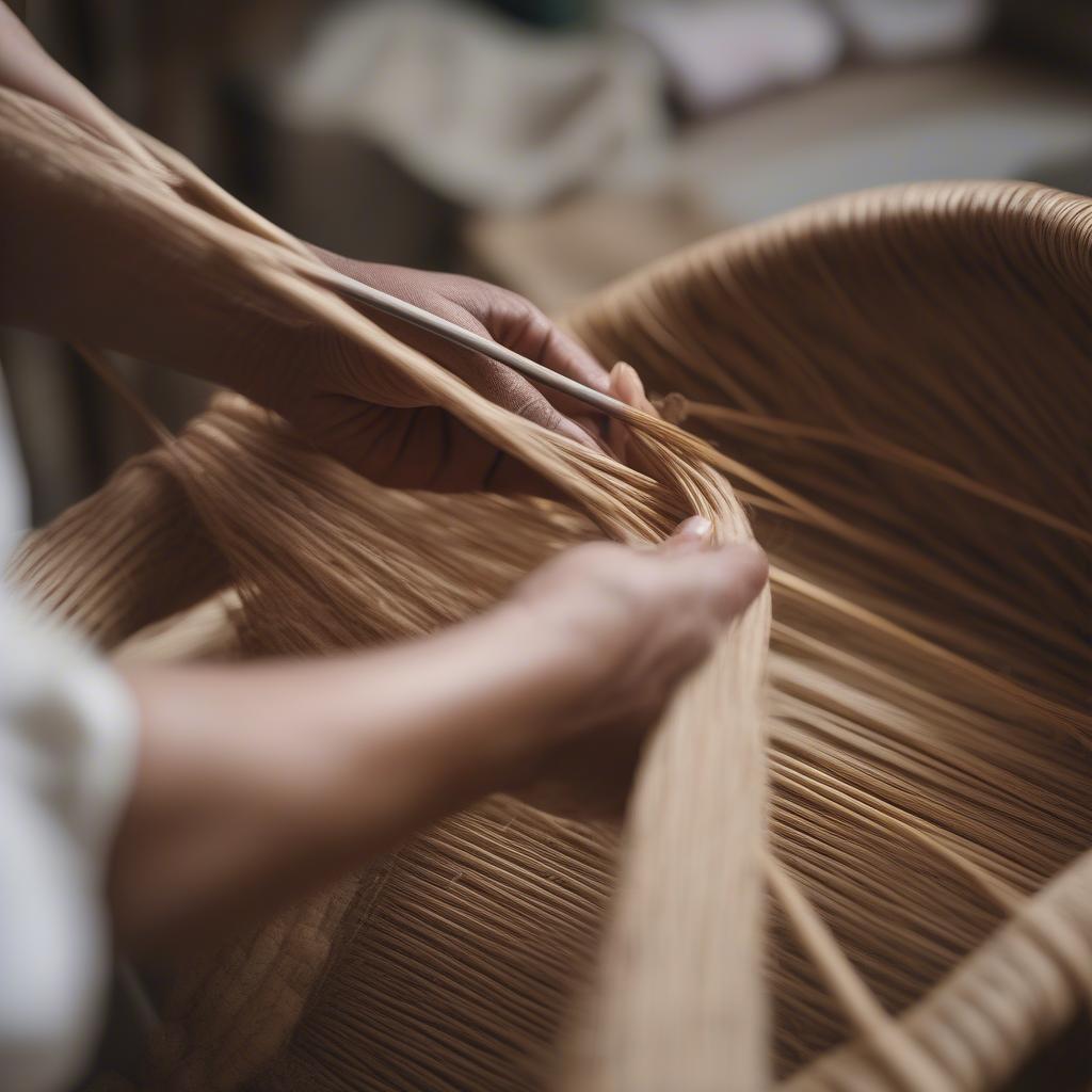 Close-up of hands weaving cane into a chair seat, demonstrating the intricate process of traditional cane weaving.