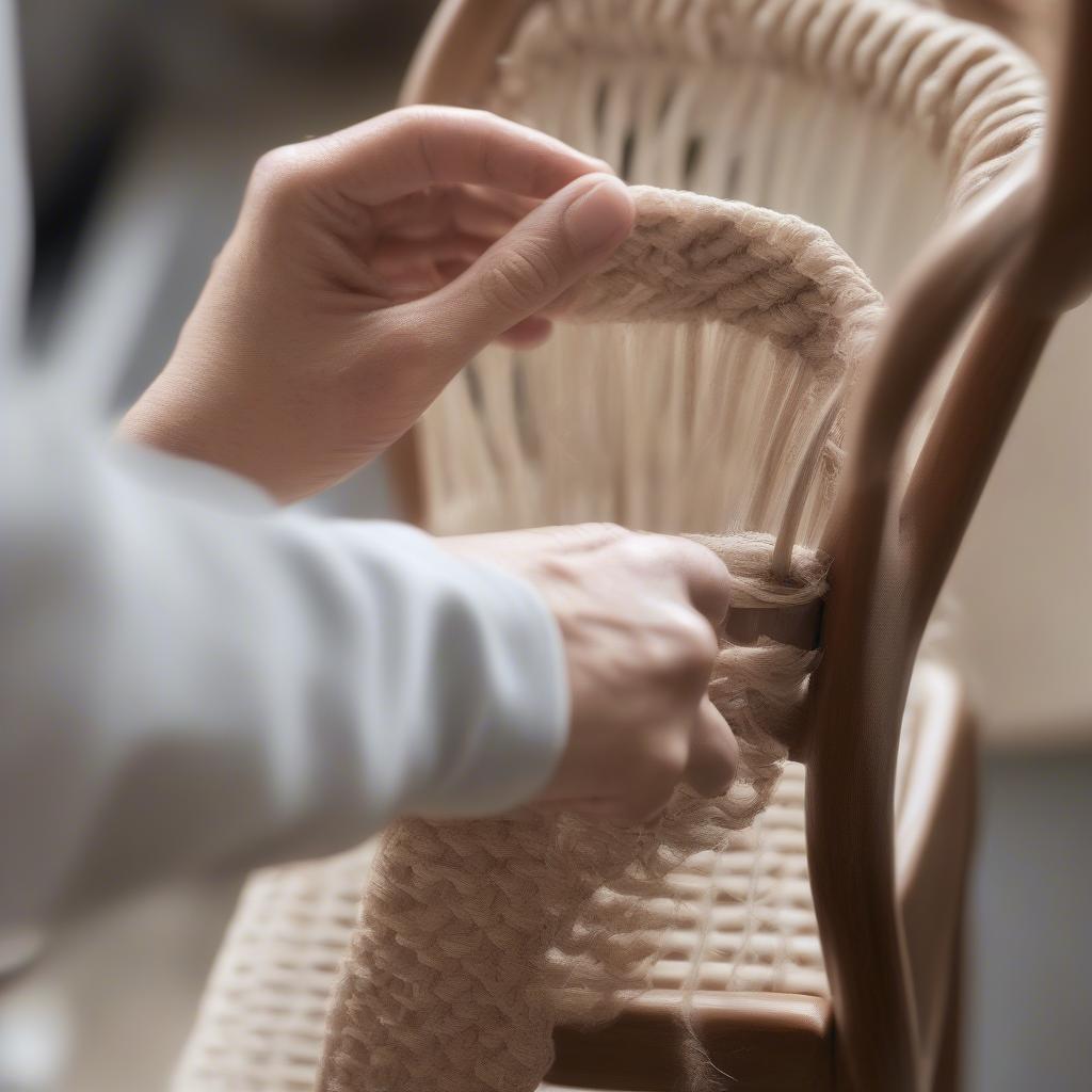 Caring for Rush Chairs: A person gently cleans a rush chair seat with a damp cloth.