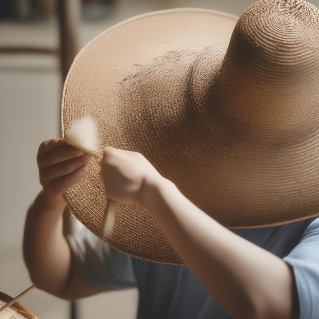 A person carefully cleaning a straw hat with a soft brush, demonstrating proper hat care techniques.