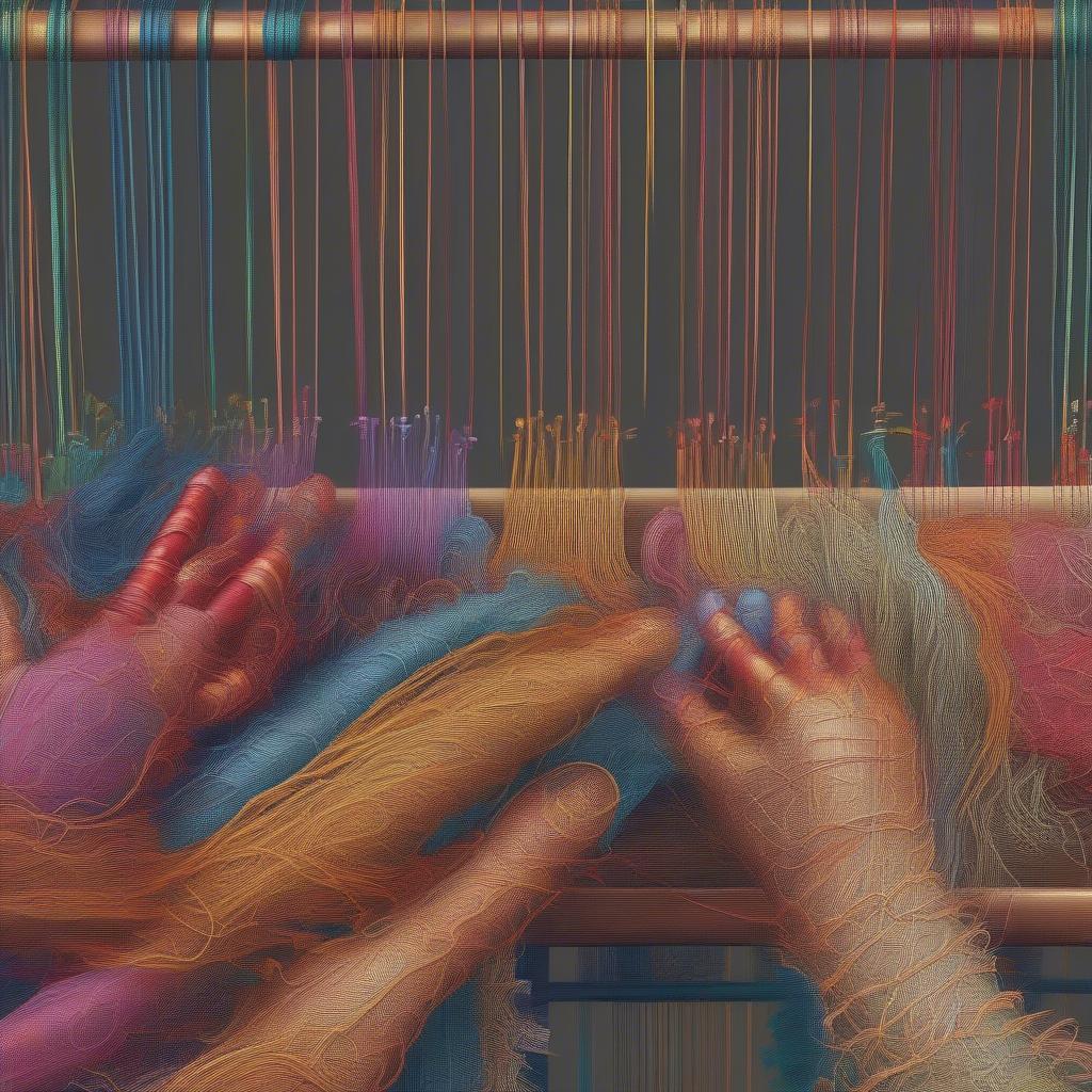 Close-up of a cartoon weaver's hands creating intricate patterns on a loom.