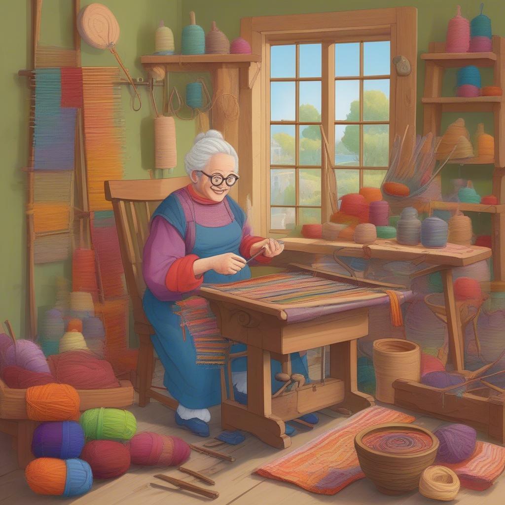 Cartoon weaver diligently working at their loom, surrounded by yarn and tools