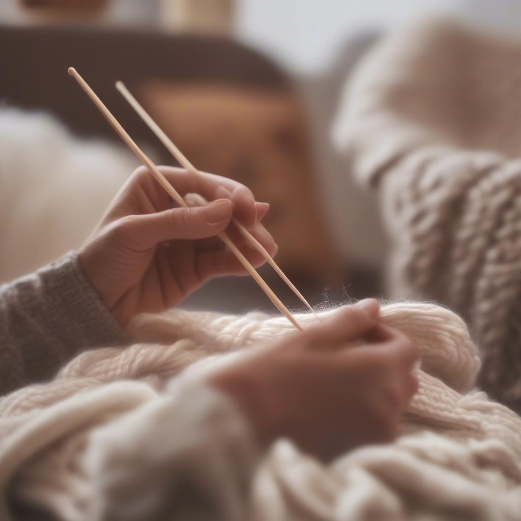 Casting on stitches onto knitting needles for a baby blanket.