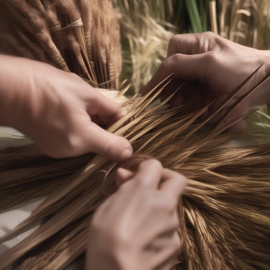 A close-up view of the cattail hat weaving process, showing hands skillfully manipulating the cattail leaves to create the hat's intricate structure.