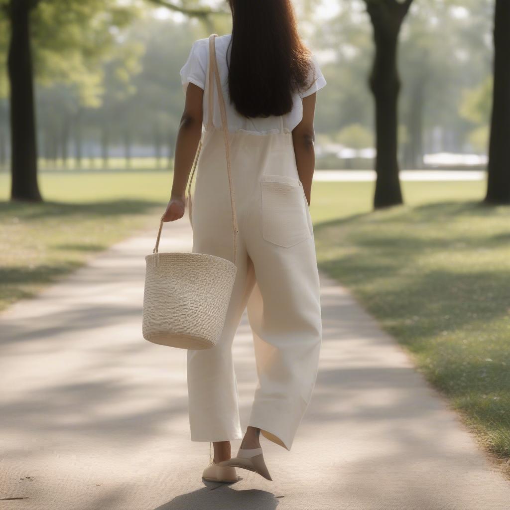 Lifestyle shot of the Catzorange Woven Cotton Bucket Bag in Cream