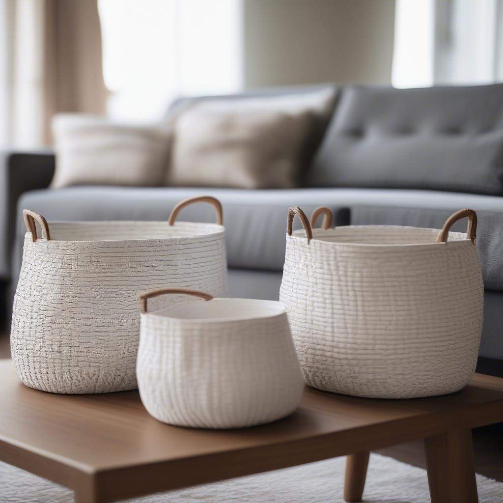 White woven baskets with handles in a living room setting