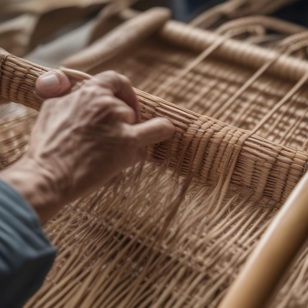 Close up of hands expertly weaving chair cane