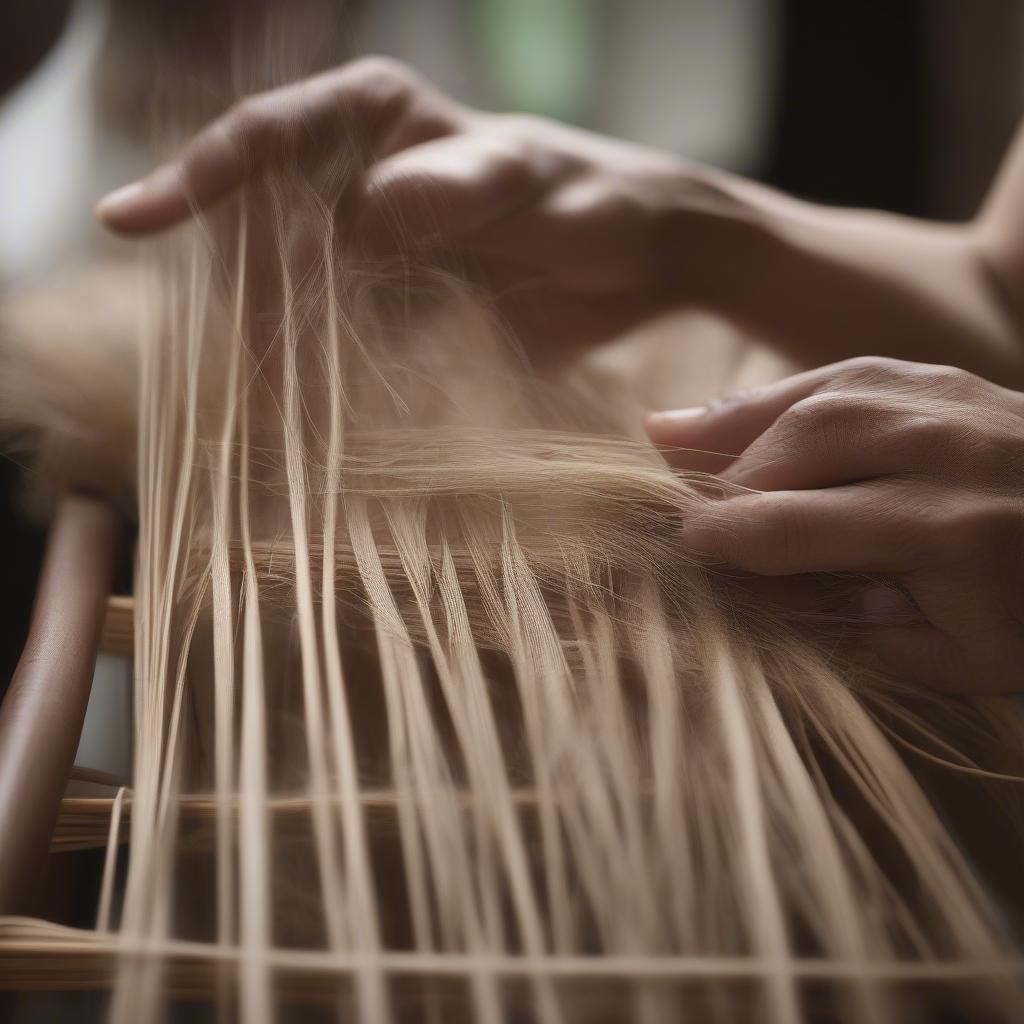 Close-up of hands weaving rush onto a chair frame