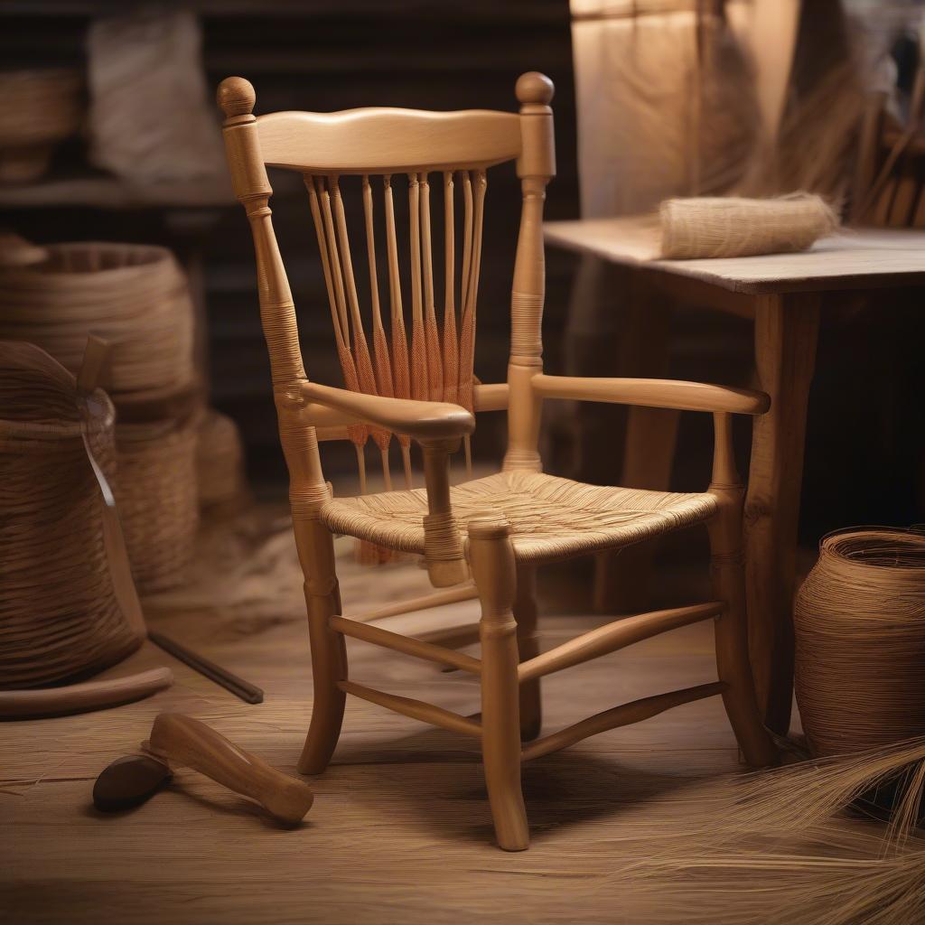 Close-up of an artisan's hands meticulously weaving chair rush in a Northern Indiana workshop.