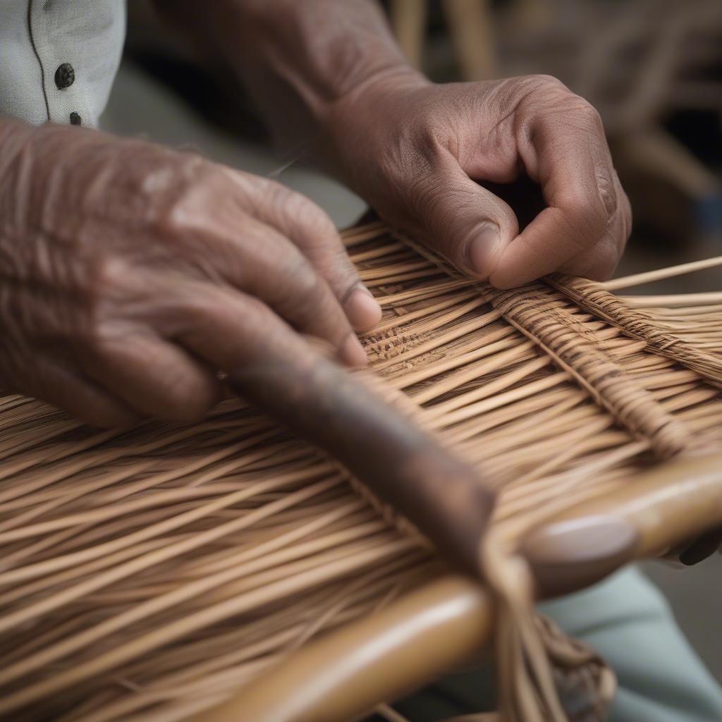 A chair weaver meticulously weaving rattan strips to create the seat of a chair