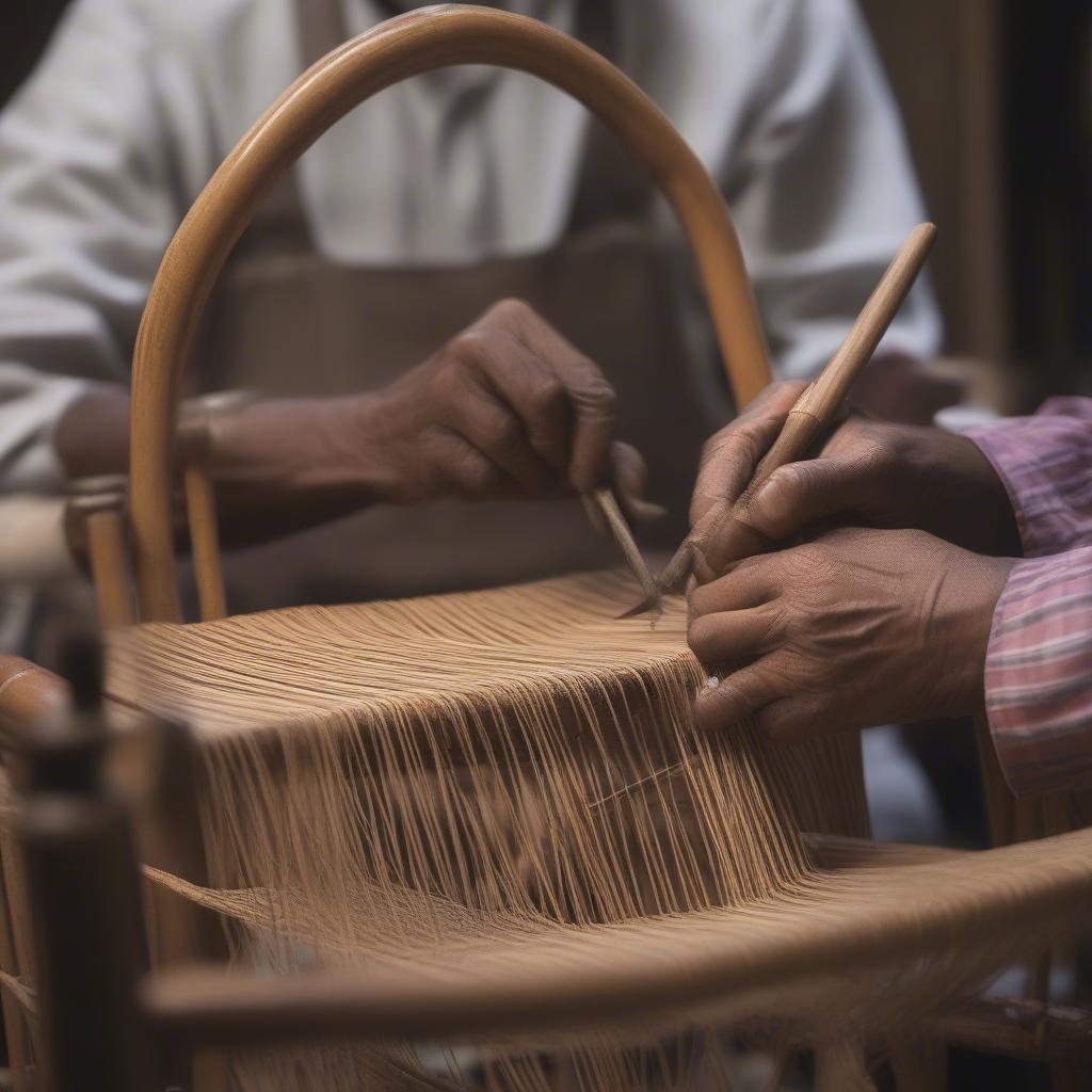 Close-up of a cane chair undergoing repair in Hyderabad