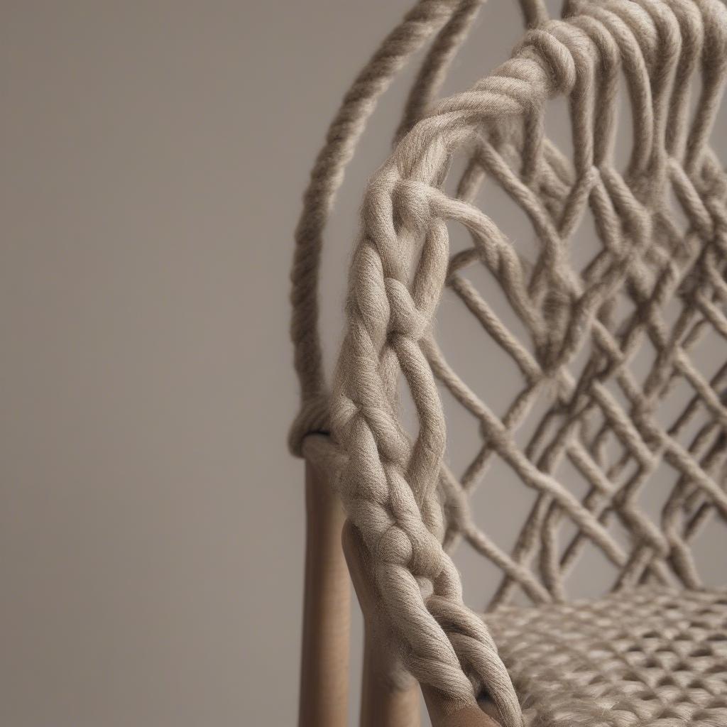 Close-up of hands weaving rope onto a chair frame