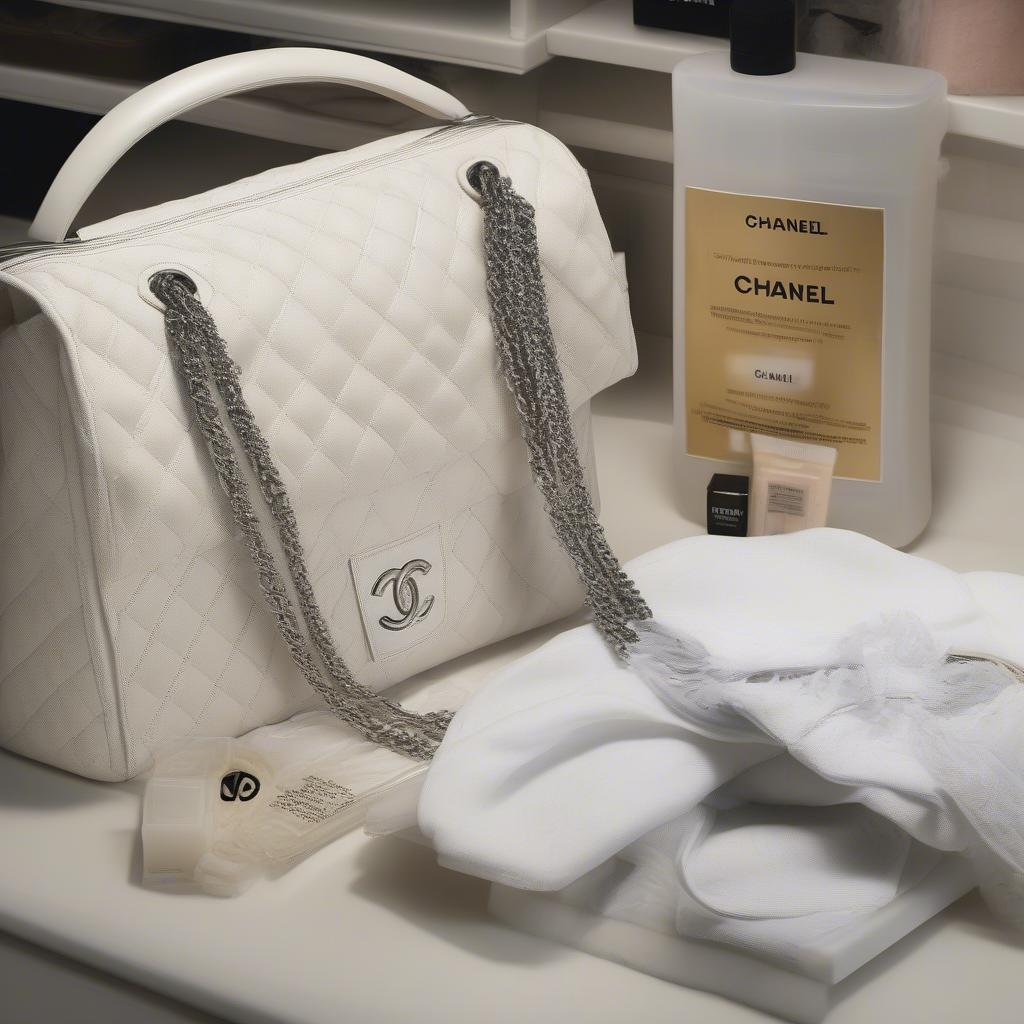 Image depicting proper care and storage of a Chanel woven chain bag, including using a dust bag and specialized cleaning products.