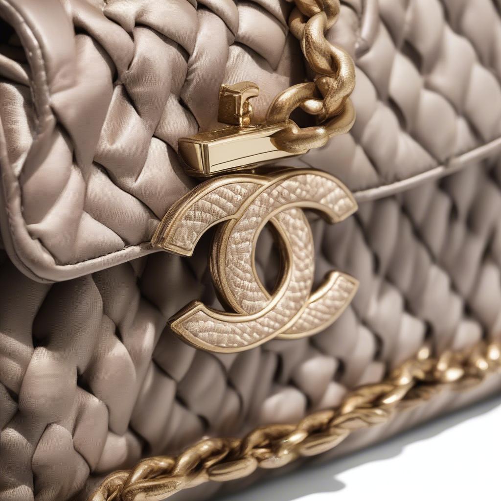 Close-up view of a Chanel woven chain bag showcasing the intricate weaving pattern and the iconic CC logo.