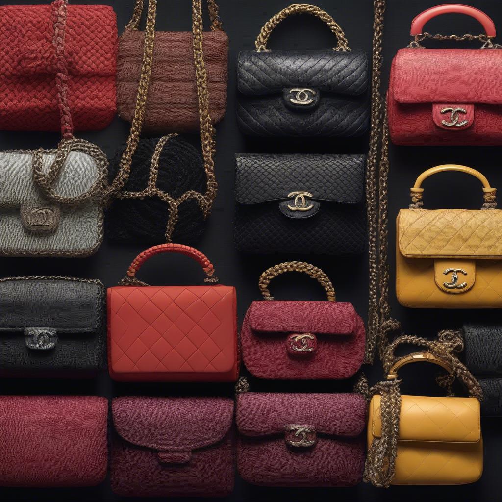 Different styles of Chanel woven chain bags, showcasing variations in weaving patterns, sizes, and colors.