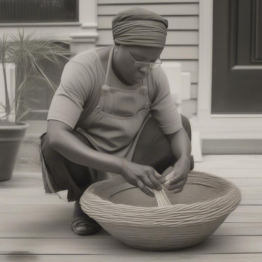 Gullah artisan weaving a sweetgrass basket in Charleston, demonstrating the traditional coil technique