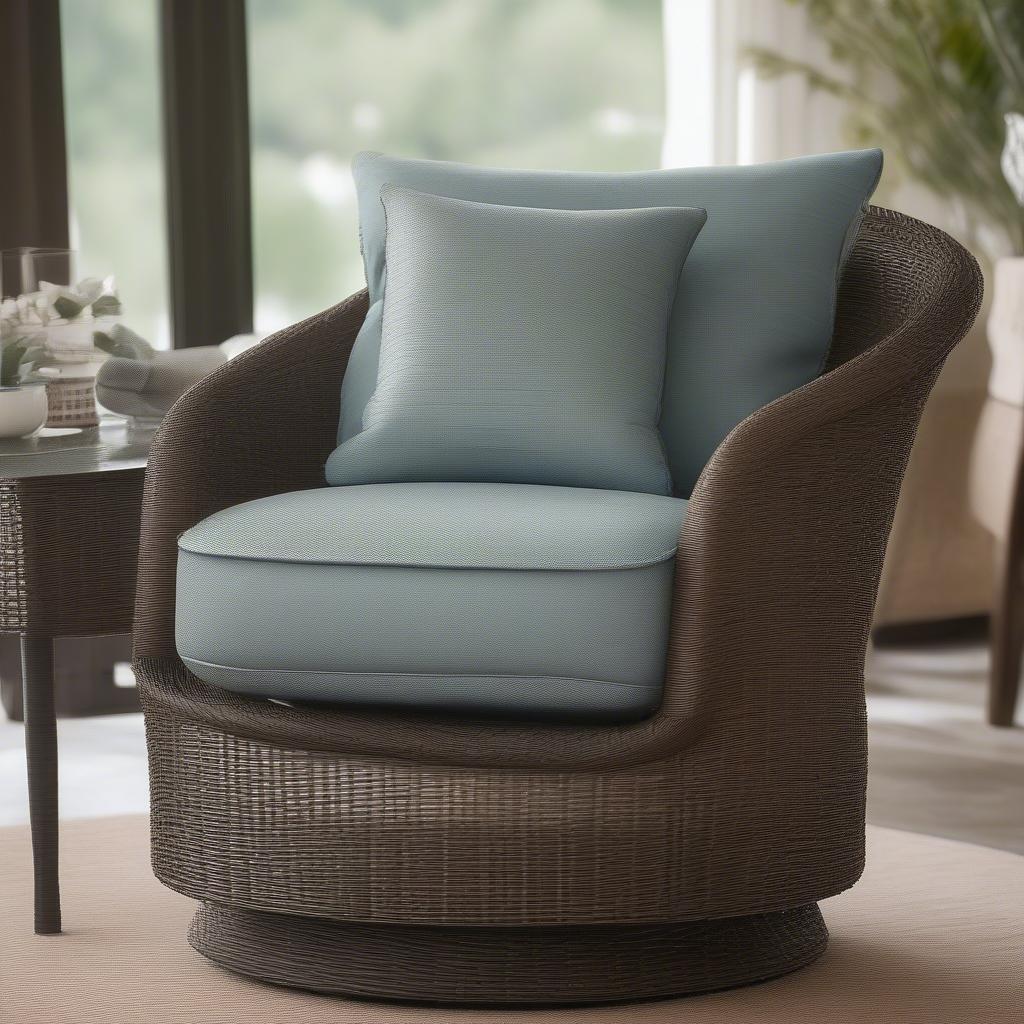 Charleston Walnut Weave Swivel Chair with Glacier Spa Cushions in a Living Room