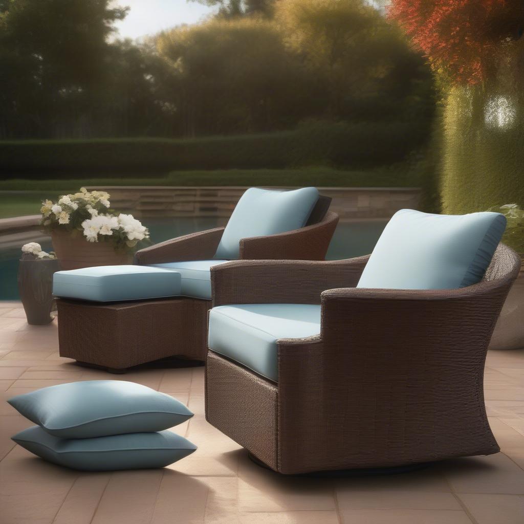 Charleston Walnut Weave Swivel Chair with Glacier Spa Cushions on an Outdoor Patio