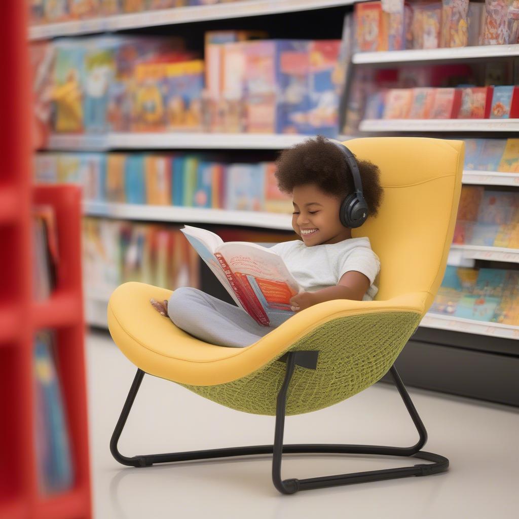 A child comfortably seated in an elastic weave chair at Target.