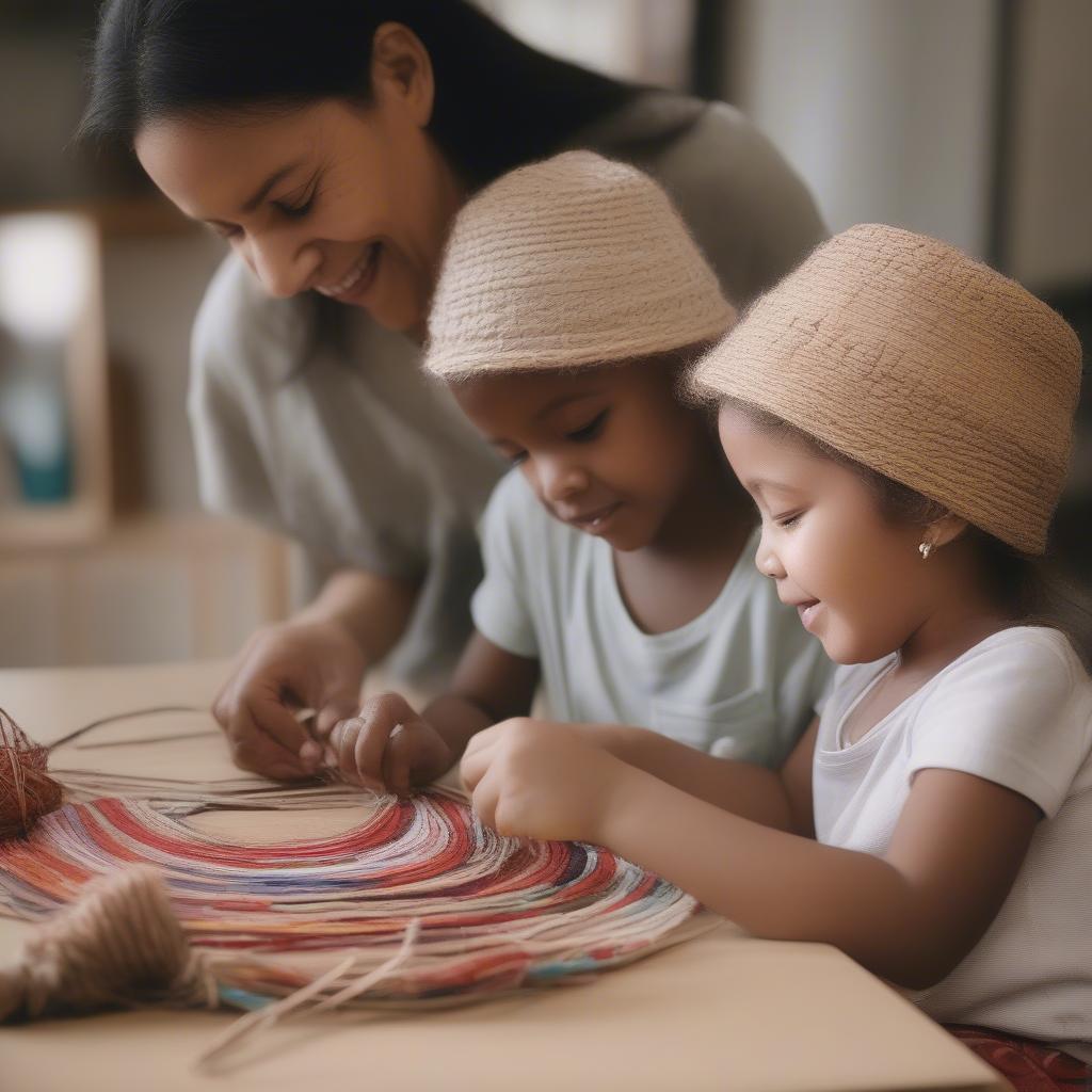 Child weaving a hat with parent