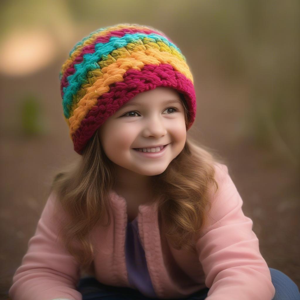 A smiling child wearing a colorful handmade basket weave crochet hat.