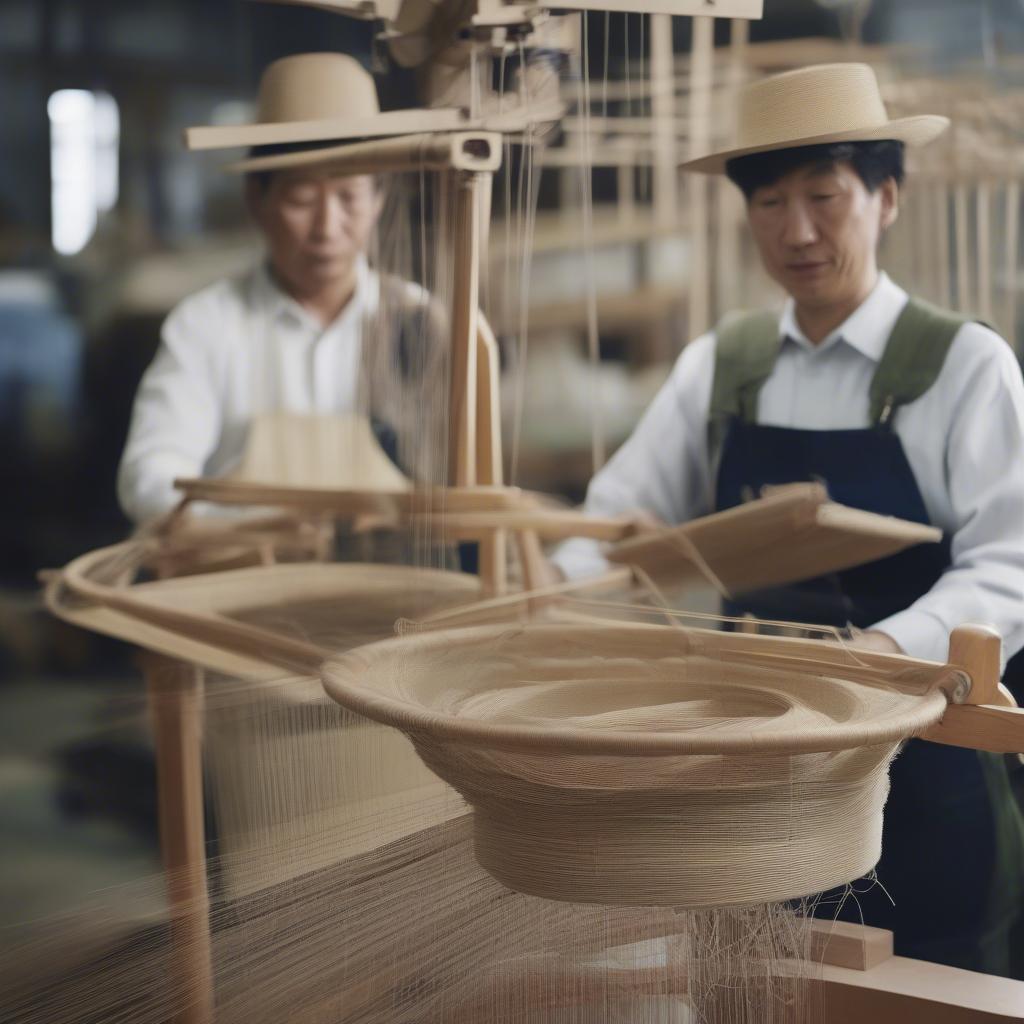 China hat weaving machine advantages: Comparison of manual hat weaving and machine-made hat weaving, showcasing the increased production capacity and consistent quality of machine-made hats.