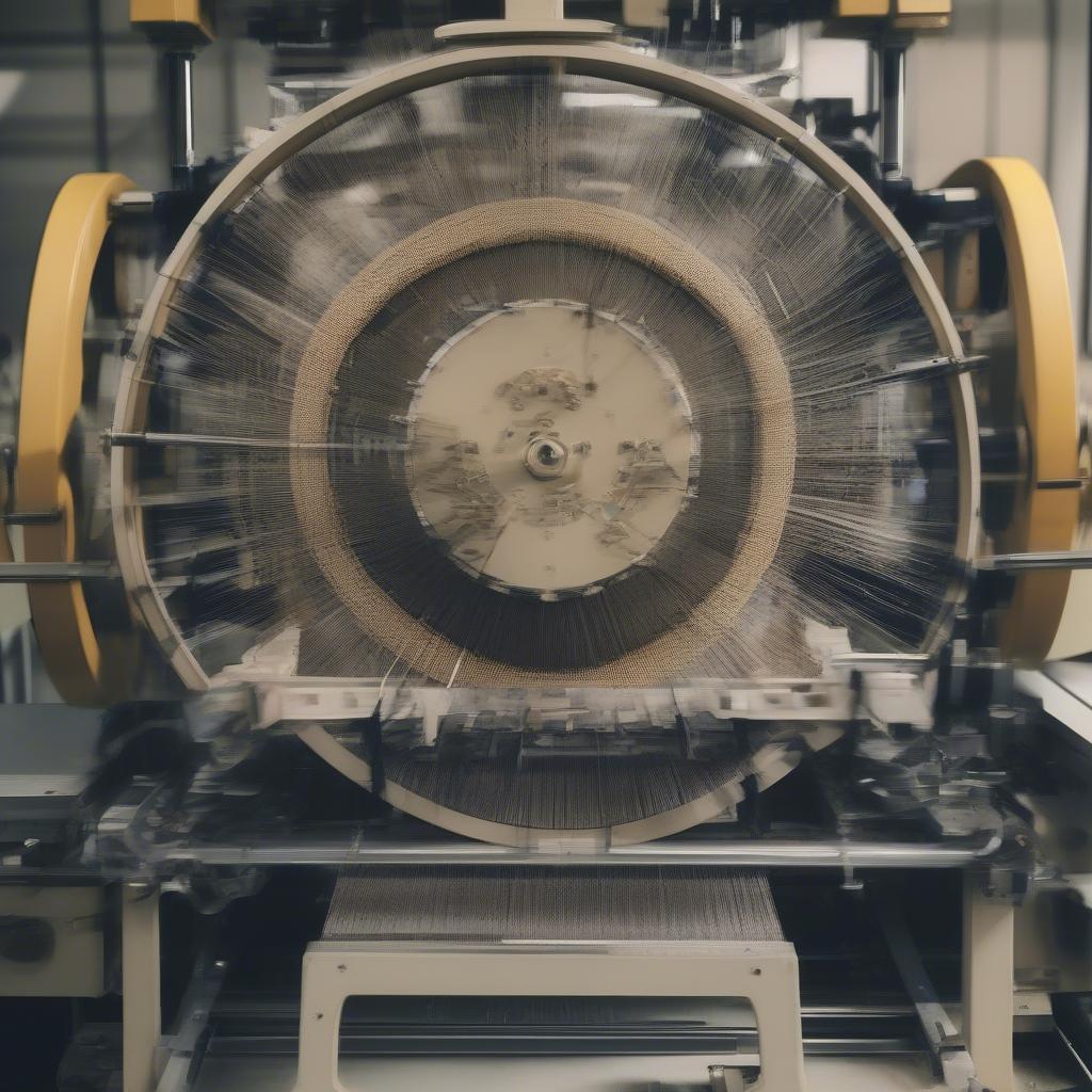 China hat weaving machine mechanics: Close-up view of the rotating mandrel and automated needle system interlacing bamboo fibers to form the conical shape of the hat.