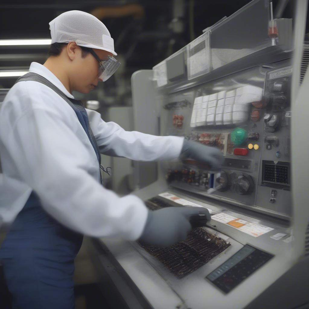 Operating a China Woven Bag Machine: An operator carefully threads material through the machine, following the instructions from the manual. The image emphasizes the importance of proper handling and adherence to safety guidelines.