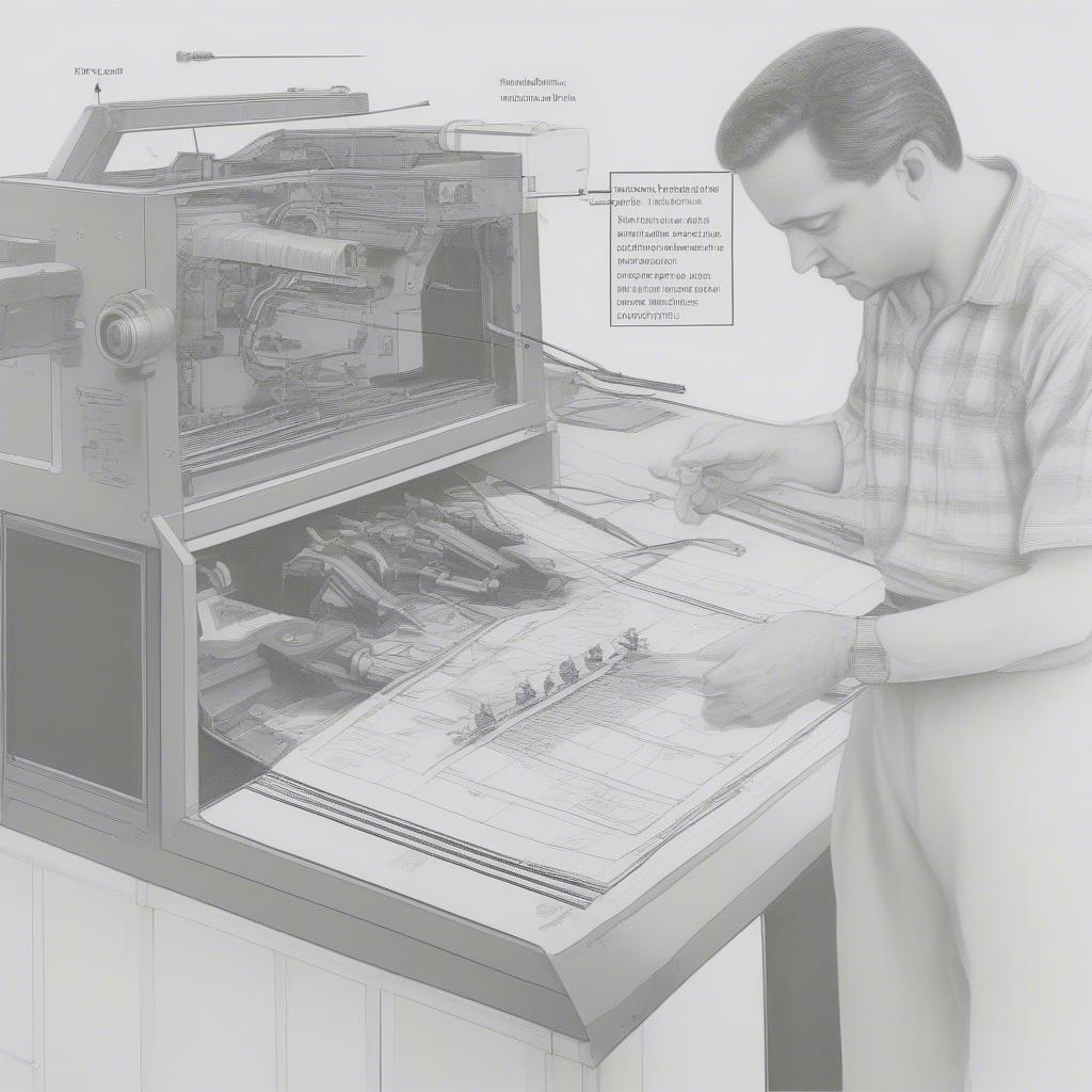 Troubleshooting a China Woven Bag Machine: An operator consults the manual to diagnose a problem with the machine's threading mechanism. The image showcases the practical use of the manual in resolving operational issues.