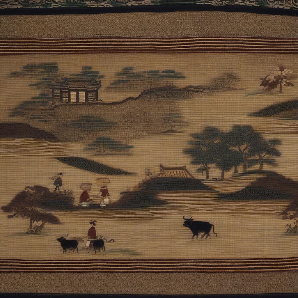 Antique Chinese Woven Bag Depicting Rural Life