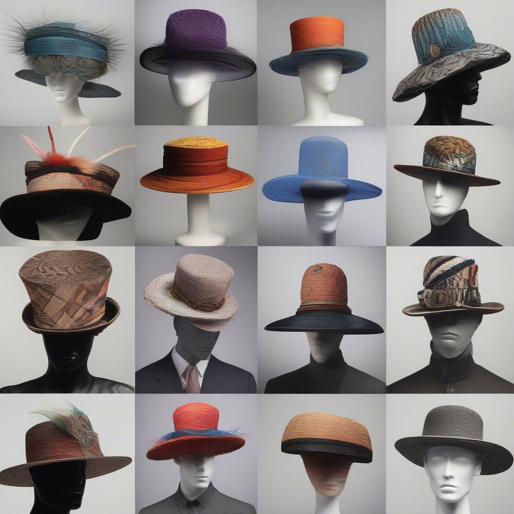 A collage of Christopher Weaver's signature hat styles, highlighting his use of color, texture, and form.