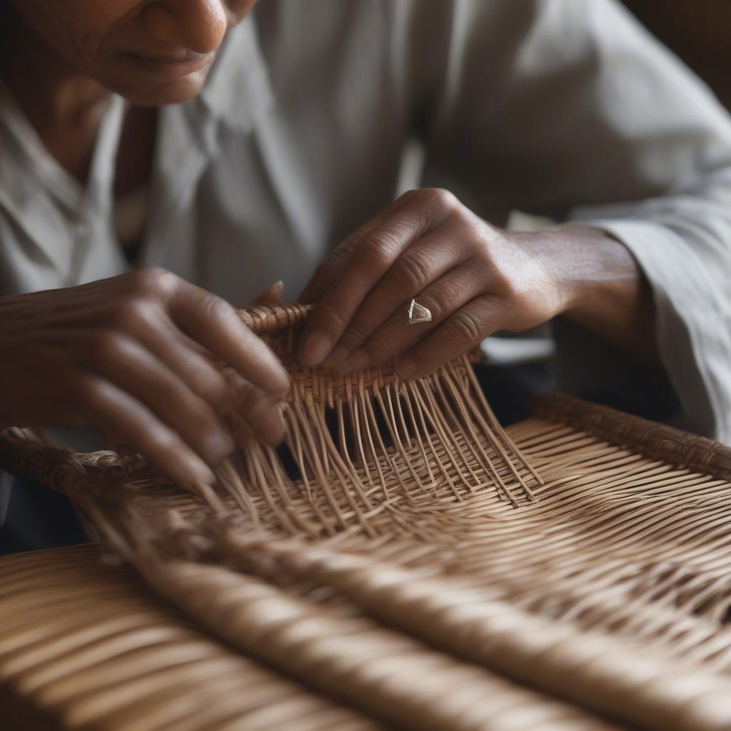 An artisan meticulously weaving a Civico 93 bag, demonstrating the intricate handcrafting process.