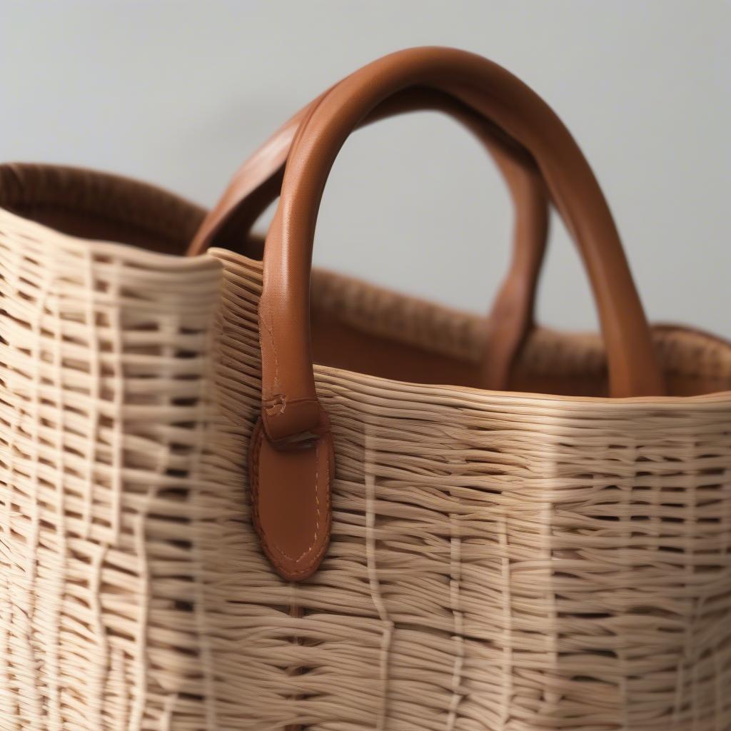 Civico 93 woven tote bag made from natural rattan, showcasing intricate weaving patterns and leather handles.