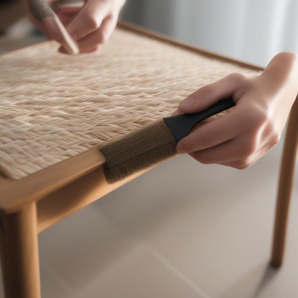 Close-up of someone cleaning a basket weave console table with a soft brush.