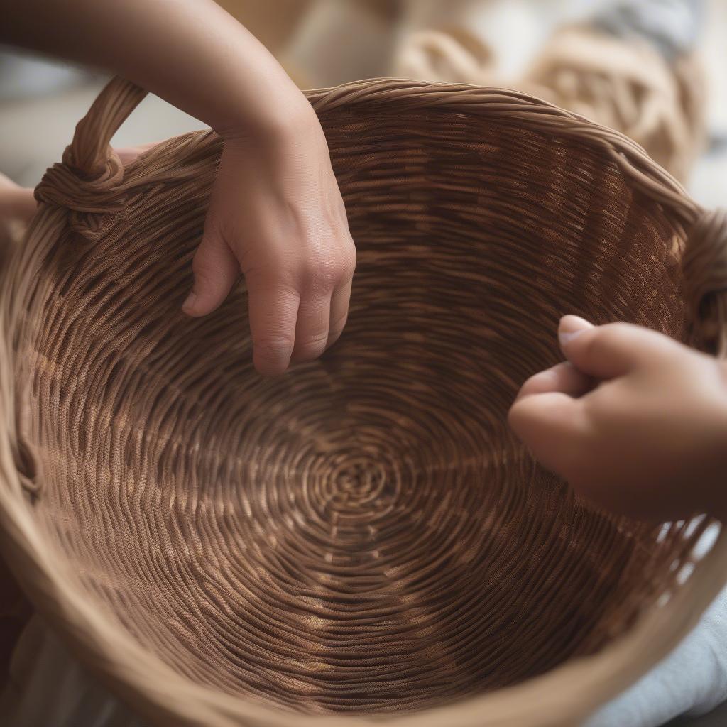 A person carefully cleaning a large brown crazy weave basket with a damp cloth.