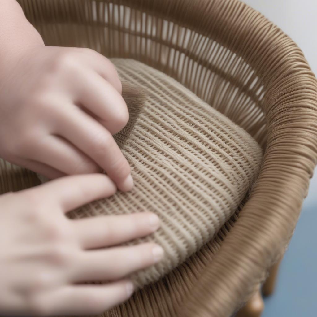 Person cleaning a princess chair weave using a soft brush and gentle cleaning solution.