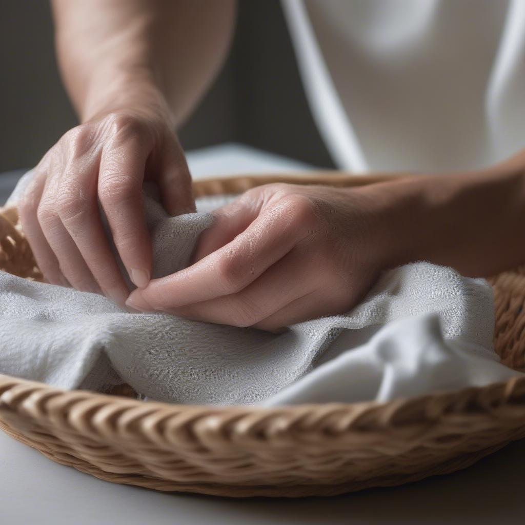 Cleaning a basket weave covered dish with a damp cloth