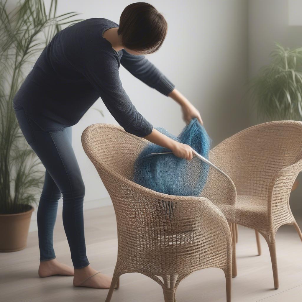 Demonstrating how to clean and maintain a mesh weaved chair using appropriate tools and techniques.