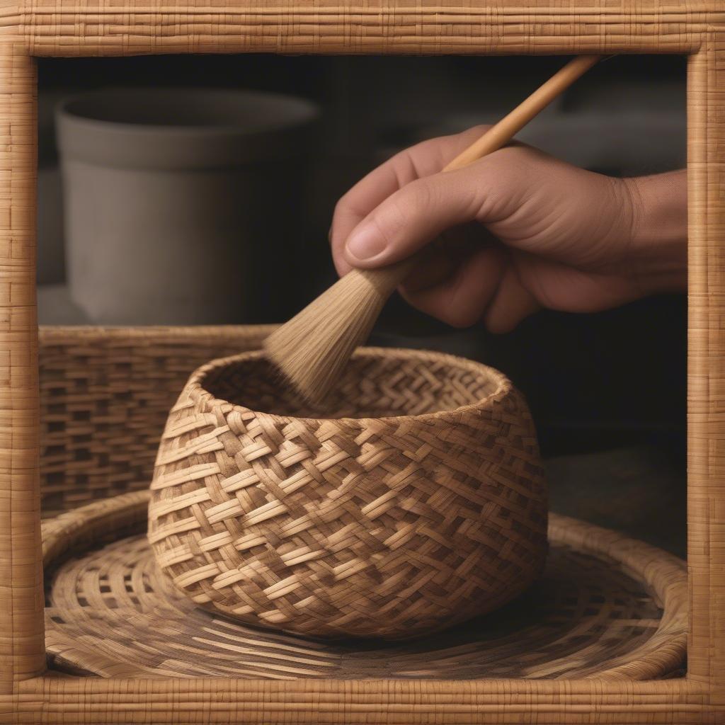 Cleaning a Native American Basket Weave Ash Tray: Gently cleaning a tall Native American basket weave ash tray with a soft brush to preserve its intricate design and natural materials.