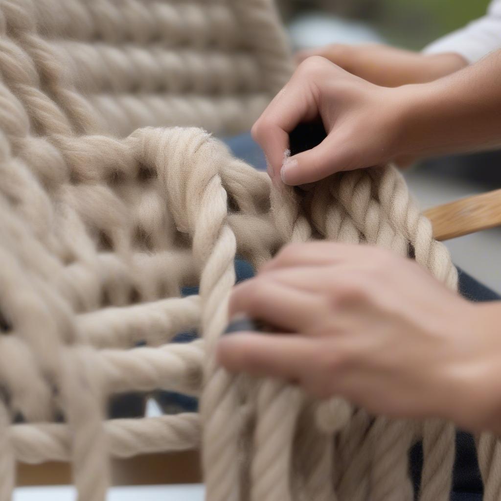 Cleaning a rope woven chair seat with a soft brush and mild soapy water.