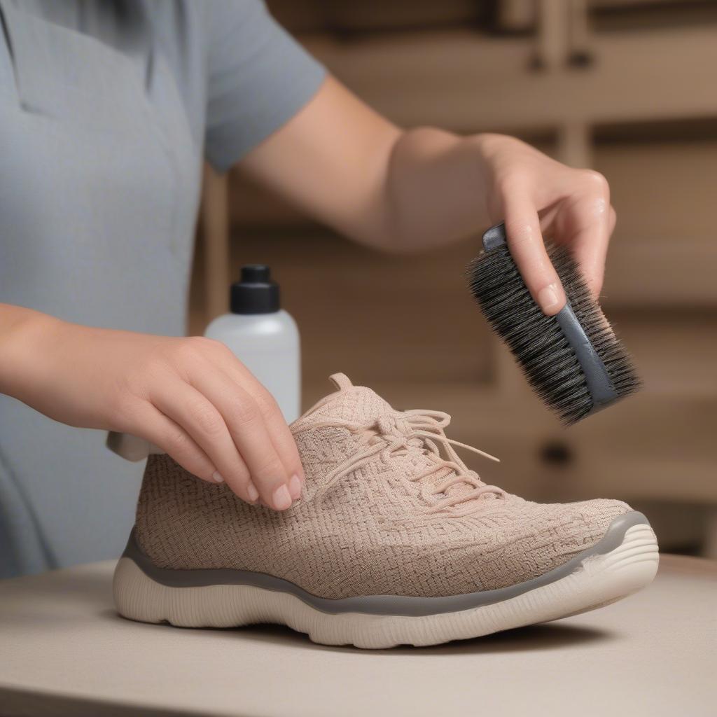 Cleaning Skechers basket weave shoes with a brush and soap