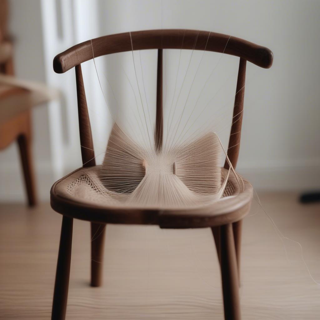 Demonstrating how to clean a string weaving chair with a soft brush.