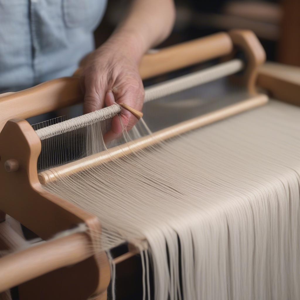 Close up of hands weaving on a table loom