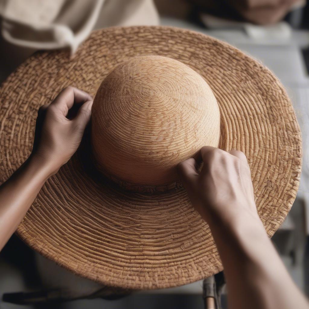 Close-up view of hands weaving a hat, showing the intricate process and the natural fibers being used