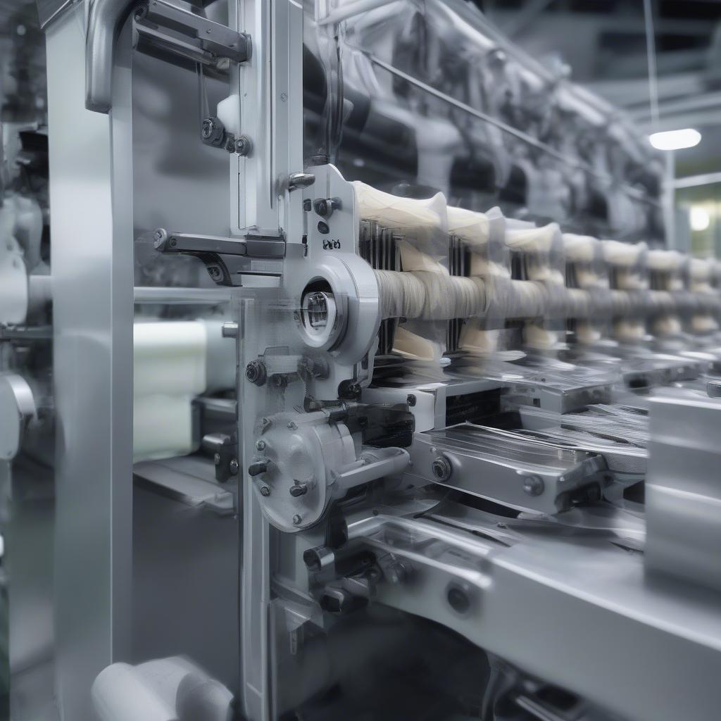 Close-up view of the intricate mechanisms within a non-woven bag making machine, showcasing the precision and complexity of the manufacturing process.